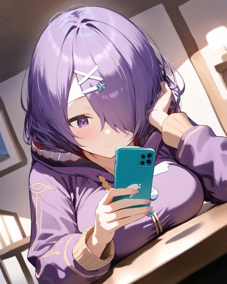 1girl,
KisoAzukiDotLive,
safe, solo, dutch angle, upper body,
hair ornament,
hair over one eye,
purple hoodie,
large breasts,
looking at object, 
holding phone, smartphone,
room, table,
depth of field,
<lora:kp_KisoAzukiDotLiveAnimagineXL_v1_1:1.0>,
masterpiece, high score, great score, absurdres
