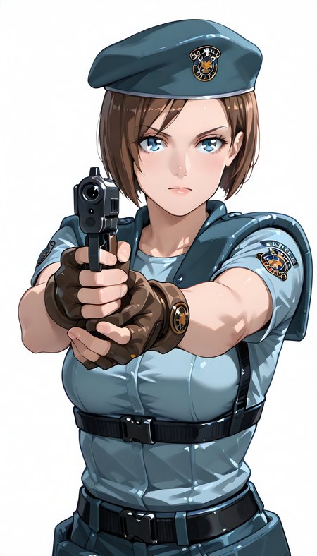 staruniform, holding gun, aiming gun, white background <lora:Jill_Valentine:1>