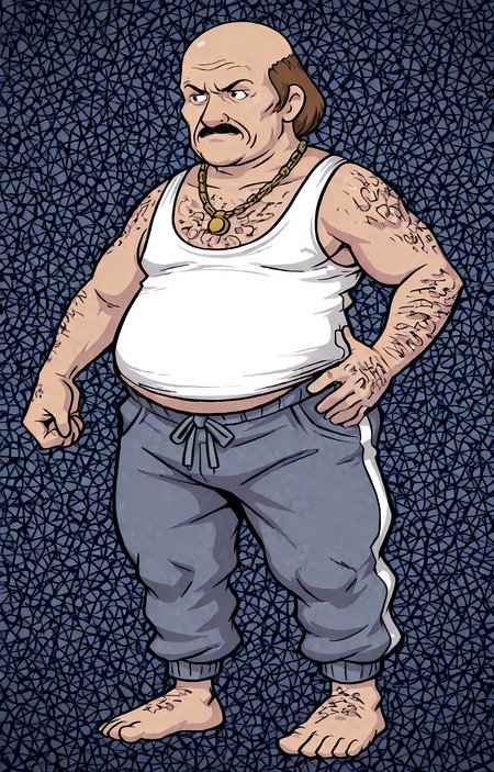 masterpiece, best quality, amazing quality, dutch angle, abstract background, toon style, BREAK
1boy, solo, male focus, mature male, athf_carl, bald, brown hair, mustache, hairy, tank top, overweight, blue sweatpants, gold chain necklace, BREAK 
 <lora:Carl Brutananadilewski - Aqua Teen Hunger Force - ILXL:1>, <lora:Arwes_Dynamism_Style-000008:1> arwe, dynamism  <lora:The_World_Ends_With_YouGame_Art_Style:1> <lora:style illustrious gardenwall:1> linework, w411style