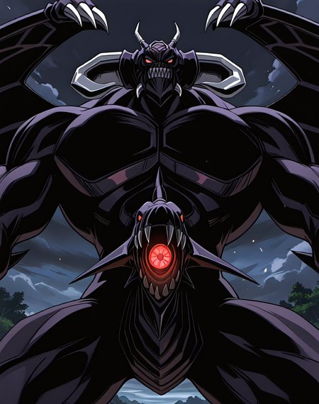 score_9, score_8_up, score_7_up,
8K, In'ei, chiaroscuro, volumetric lighting, perfect depth of field shot, beautiful, sharp focus, crisp details, masterclass animation, photographic realism, source_anime, 
<lora:Zorc_Necrophades_(Yugioh)_(Illustrious)_(AD):1.35> Zorc, Yugioh_anime, muscular,
exterior, detailed anime sky with clouds, dark clouds, 
dynamic action, bent leg, nature, cowboy shot, intimidating, end boss, glossy body, red eyes, 
BREAK zPDXL, Smooth Quality, IllusP0s,