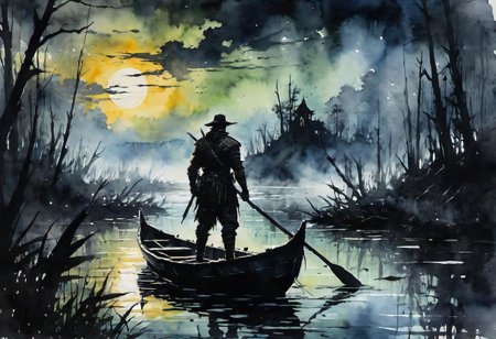 Close-up portrait, oil painting style, modern ink, watercolor, brush strokes, "Very Beautiful", against the backdrop of a disturbing ankou in search of lost souls, silhouette of a man in a boat, darkness, dark hot night on a swamp, fog rising from the swamps, mixed styles dark and fantastic arts, horror, depth of field shown in the style of artists such as the stylized drawing of Greg Rutkowski, Giovanni Boldini, Gabriele Dell'otto, WLOP in Studio Ghibli Genshin.