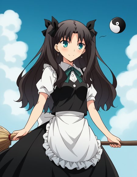 score_9, score_8_up, score_7_up, source_anime, rintohsaka, <lora:rin-tohsaka-ubw-ponyxl-lora-nochekaiser:1>, rin tohsaka, aqua eyes, black hair, hair ribbon, long hair, ribbon, sidelocks, two side up, parted bangs,, <lora:kirisame-marisa-cosplay-ponyxl-lora-nochekaiser:1>, kirisamemarisacosplay, kirisame marisa \(cosplay\), apron, black dress, black hat, black vest, dress, earrings, frilled dress, frills, green bow, hat, jewelry, maid apron, shirt, short sleeves, vest, white apron, white bow, white shirt, witch hat, yin yang, yin yang orb,, outdoors, sky, blue sky, clouds, blush, broom, brood riding, smile,, cowboy shot, dutch angle, solo,