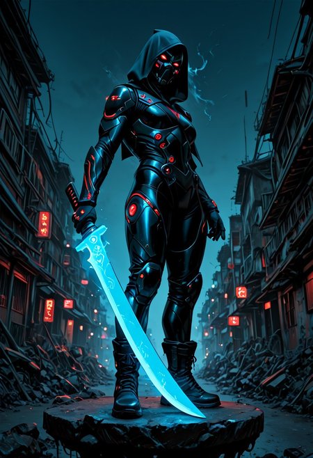 photorealistic, realistic skin, deep colour, high contrast, hyperdetailed, matte digital painting, trending on artstation, sharp edges, precise, clear focus, detailed face, face focus, sideview, wide shot, looking at viewer, 
 futuristic, gritty. 
line art, ink art of a woman, solo, soldier, enigmatic, (glowing red eyes), matte black modular suit of armor, molded armour, whole body protection, heavy boots, holding a katana, (blue glowing blade:1.5), ready to fight, fighting stance. Deep hood, black face mask, pale skin, 
background war-torn urban landscapes, dramatic lighting, dynamic angle, whole body, face focus, high contrast, deep shadows, distant fires, smoky sky, matte painting, 
emwv2-illu