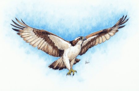 Sharp image of a rough sketch, rendered in vibrant multi colour ballpoint pen, capturing the adorable features of an osprey in flight, with its wings spread wide. The bird is in the center of the image, with the body of the bird facing towards the right side of the frame. Its wings are spread wide, and its talons are extended upwards, as if it is about to take off. The background is a clear blue sky, and the bird's feathers are a mix of brown and white, with some hints of black and white. The ospreys appear to be in mid-flight, with their talons extended and their beak slightly open. The image is taken from a low angle, looking up at the bird.  p3nsk, <lora:p3nsk:1>