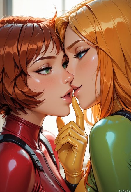 highres, very detailed, amazing quality, masterpiece,
very aesthetic,
particle effect,
3girls, multiple girls, \(totally spies\), (samts orange hair, green eyes, long hair, green bodysuit), (cloverts, short hair blonde hair, blue eyes, red bodysuit), (alexts, short hair, brown hair, brown eyes, yellow bodysuit),red bodysuit, green bodysuit, yellow bodysuit,
seducing, seductive, flirty, tender, loving, playful, 
Close up,
