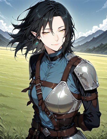 <lora:Helen_Shard__The_Beginning_After_the_End__Illustrious:1>
1 girl, solo, elf, pointy ears, black hair, medium hair, yellow eyes, blue shirt, pants, fingerless gloves, armor, shoulder armor, belt, ear piercing,
shirt, long sleeves, blue shirt, black shirt, black pants, earrings
score_9, score_8_up, score_7_up, very aesthetic, source_anime, detailed, high quality, beautiful, masterpiece, detailed eyes, field, blurry background, pose dynamic angle, upper body, cowboy shot, light smile, floating hair, half-closed eyes, hands behind back, leaning forward, looking forward, looking at viewer, <lora:iLLMythG0thicL1nes:1>
