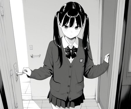 masterpiece, best quality, amazing quality, sfw, 1girl, solo, shirt, cardigan, skirt, black hair, long hair, twintails, looking at viewer,  <lora:Key style ILL-v2:1.4> keystyle, greyscale, monochrome,