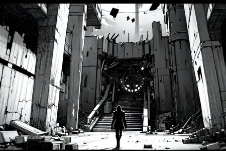 highly insanely detailed, masterpiece, top quality, best quality, highres, 4k, 8k, RAW photo, (very aesthetic, beautiful and aesthetic),  
tsutomu nihei,nihei_tsutomu,blame!,blame gakuen!,abara,TNstyle,sidonia_no_kishi,(megastructure in background,stairs,mausoleum,tower,tunnel,lab,deep horizon,sidonia \(ship\),space,spacecraft,hangar,giant room,city ruins),gauna,gauna mech,ventilation fan,ventilation shaft,toha heavy industries,light particles,concrete walls,metal walls,dark sky,black sky,clouds,cables,tubes,industrial pipes,lantern,letterboxed,bridge,star \(sky\),starry sky,tentacles,bones, 
<lora:ABARA:0.6>, 
(1girl:1.3), 
solo focus, 
massive_dam_structure,waterfront_location,Valley,ancient_temple_complex,royal_tombs,Village,trail,âââ