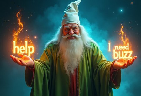 an old wizard with a mustache and long beard dressed in a bright green robe and a white cone hat with his hands outstretched emanating magic and rays from it and emanating fire from his hands and this fire forms giant words that say: "help I need buzz" , night background, space with galaxies and stars in the background, wizard floating in space, front view, arms outstretched towards the viewer, wizard with an evil face smiling, angry face, Machiavellian smile, smug face, toothy smile, from below, wizard with a big nose, white eyebrows, mustache and white beard, super powerful wizard, powerful, wizard with eyes emanating blue electricity, illuminated eyes, wizard god
