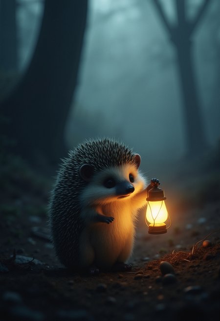 A small hedgehog standing alone in a dark, misty forest. The hedgehog is covered in spiky needles and holds a small glowing lantern in its right paw, which illuminates its surroundings. The hedgehog has wide, round black eyes with a gentle, innocent expression. Its tiny legs and arms are barely visible under the thick coat of needles. The overall atmosphere is mysterious and melancholic, with soft, diffused lighting. The foggy background creates a sense of depth and isolation, with dark, indistinct trees barely visible in the distance.   <lora:FluxDFaeTasticDetails:0.8> <lora:aidmaImageUpgrader-FLUX-V0.1:0.33> detailmaximizer,