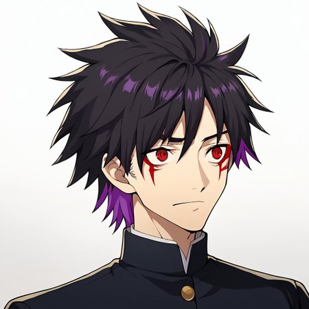 Score_9, score_8_up, score_7_up, source_anime, cowboy shot, masterpiece, best quality, upper body, portrait, (white background), 1boy, ((black hair)), short hair, spiky hair, ((hair straight up)), hair between eyes, sharp top hair, ((slicked hair)), (((red eyes))), demonic eyes, (purple string on bangs:1.2), calm face, two colored hair, (two-tone hair), (streaked hair:1.2), (multicolored hair), ((red eye tattoos)), (purple colored inner hair), <lora:colored inner hair:1>, (purple hair tips), <lora:_sdxl-gakuran-pony:0.8> (((black gakuran)))