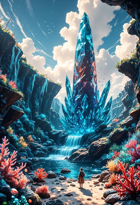 SmoothNoob_Quality, air bubble, bubble, cloud, coral, crystal, day, fantasy, ocean, giant crystal,  scenery, wide shot,  <lora:Smooth_Booster:0.5>​​​
