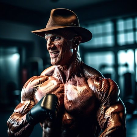 cinematic photo a muscular man with a hat trains in a gym<lora:FreddyKrueger1024:0.8> . 35mm photograph, film, bokeh, professional, 4k, highly detailed