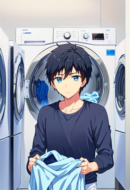 high resolution, solo, best quality, 1Boy, Arata Kaziaki, Black Hair, Blue Eyes, Laundry day, washing machine, folding clothes,