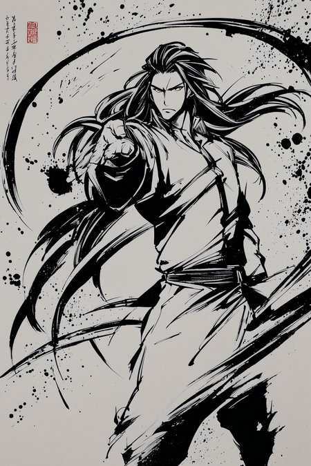 solo,male focus,1boy,monochrome,greyscale,long sleeves,fighting stance,long hair,
<lora:okazu_XL:0.9>,