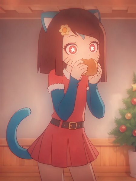 score_9, score_8_up, score_7_up, score_anime, rating_explicit, uncensored, BREAK, <lora:Gumball-Girl_PDXLv1:0.8> gumball-girl, brown hair, whisker markings, star-shaped pupils, cat ears, cat tail, solo, christmas costume, eating,