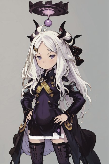 (Yoshida_Akihiko_PonyXL_style_v02.10.01:1.0), solo, 1girl, (chibi:0.3), gray background, halo, hina, hands on hips, puple eyes, (Bravely Default Style), yoshida akihiko, purple eyes, <lora:pony\char\game\ba\hina.pony.safetensors>, <lora:pony\style\Yoshida_Akihiko_PonyXL_style_v02.10.01.safetensors>, <lora:styles\yoshida_akihiko_offset.safetensors>, <lora:styles\BravelyDefault.safetensors>, <checkpoint:[Pony] ponyRealism_v21MainVAE.safetensors>, <checkpoint:[SD15] tfmCutesyAnime2_genesis.safetensors>