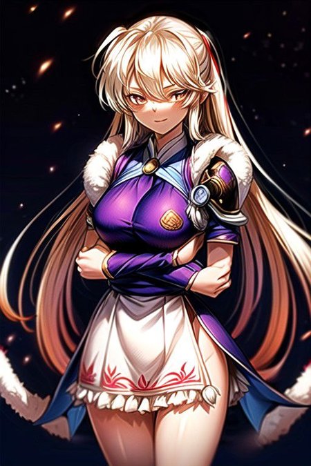 best quality 1girl Setsun4 solo long hair,  (night time) forest background black hair very long hair purple eyes multicolored hair armor, small, (fur trim) (medium body),<lora:EMS-179-EMS:0.800000>,<lora:EMS-293862-EMS:0.800000> bow, hair_bow, hair_tubes, red_bow, brown_hair, long_hair, bangs, ascot, frilled_bow, yellow_ascot, blush, smile, hair_between_eyes, athletic, armor, miko, ,(((intricate outfit,intricate clothes,embroidered outfit,ornate outfit,embroidered clothes,ornate clothes))), strengthmda, crossed arms,