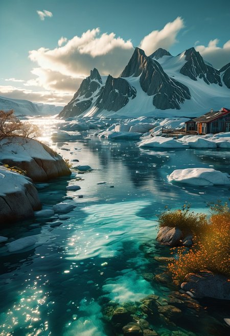 (ultra high res:1.4), (masterpiece), (beautiful lighting:1.4) , greenland greenery,  greenland river, icy water water, forest, Greenlandic homes and cabins,  sunlight illuminates the icy water, (deep underwater), anime, above water, (clear underwater), beautiful sky with clouds,  depth