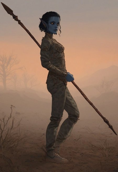 safe_pos, solo, short pointy ears, full body, running stance, piercings, random elf face, aquiline features, female dark elf, brow rings, beaded piercings, weathered skin, blue-grey skin, large nose, insect chitin armor, insect chitin helmet, insect chitin ornaments, stylized insect pattern, athletic build,  animated realism, zoomed out, Syrian features, torso, yurts, tents, native camp, elegant berber tapestries, dead desert trees, ash dunes, distant volcano, ashy soil, grey green foliage, distant grey hills, sunrise, gloomy lighting, grey fabric awnings, dark wood posts, light dust clouds, grey-blue skin, mahogany and ivory clothes, medium armor, bone plate armor, ivory straps and fittings, alien bone ornaments, grey wood neckguard, medium_breasts, crimson sclera, black pupils, blue-green light, neon, highly detailed, defined features, looking at viewer, three quarters view, from side, dynamic lighting, 29 years old, light and shadows, patterned cloth, joking expression, expressive eyes, detailed medieval clothes, short hair, wavy hair, thick hair, beaded hair, braided hair, under cut hair, semirealistic, alien elf, spanish features, jewish features, black hair, dark red hair, desaturated blue skin, sharp features, pastel green inuit print cloak, nighttime, high detail, absurdres, pretty eyes, detailed eyes, yellow eyes, facefix, detailed face, wielding insect chitin spear, shortspear