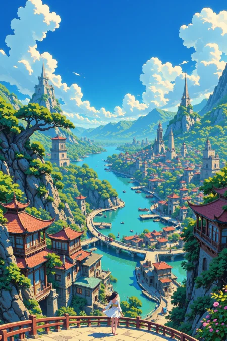 An oriental fantasy city beautiful landscape, bright sunny sky, woman, very intricate, very detailed, sharp, bright, colorful, <lora:Hand v2:0.5> <lora:Anti-Blur:1><lora:Insane Detail Slider:0.25>  <lora:flux.1_lora_flyway_Epic-detail_v2:0.3> <lora:fluxenhancer:0.25> <lora:ROWER:0.6> <lora:flux-charmer-v1-1:0.4>>  <lora:Anime_style:0.8> anime style