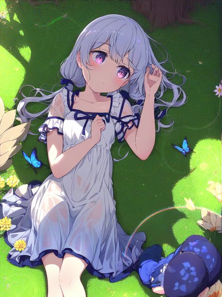 1girl,long hair,silver hair,blue hair,cute,purple eyes,low twintails,short sleeves,white dress,shirt,blue skirt,blue ribbon,see-through,see-through sleeves,collarbone,frills,small breasts,
looking away,lying,sleeping,hand up,
outdoors,grass,flower,under tree,sunlight,light rays,butterfly,bug,
<lora:ag31-ogipote_1-000034:1>,