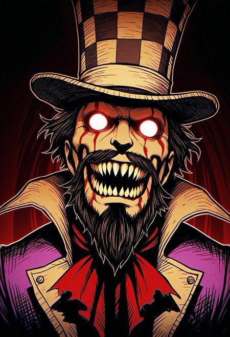 MASTERPIECE, AMAZING QUALITY, PORTRAIT, PAPER CUTOUT, 1BOY, MAD HATTER, BEARD, CRAZY, SHARP TEETH, GLOWING EYES, TOP HAT, DARK, BLOODY, TEAPARTY