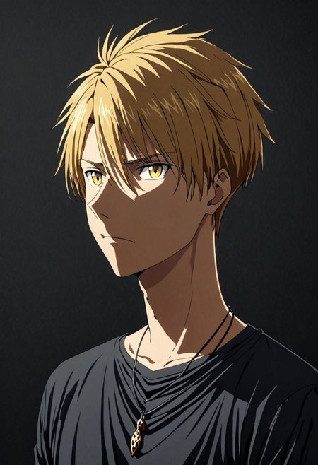 high resolution, solo, best quality, 1Boy, Yamato Ishida, Blond Hair, Necklace, potrait, dark shirt, looking at viewer, focused gaze forward, simple background, straight body, upper body, head upright, frustation, OverallDetail