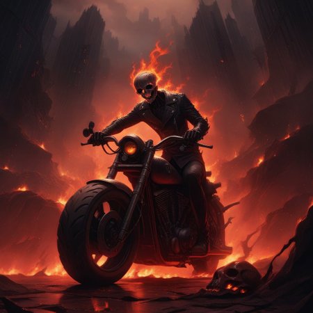 Dark Fantasy Art, Dark Moody Atmosphere, dramatic, mysterious, dark moody atmosphere, dark, moody, dark fantasy style, realistic anime,
BREAK,
Ghost Rider rockets up the skyscraper, his flaming motorcycle scorching a fiery path over glass and steel,
BREAK,
His skull, engulfed in hellfire, casts a sinister, flickering glow, with empty eye sockets seething with vengeful fire,
BREAK,
Flames curl around his skeletal form, his leather jacket and pants seared and frayed, smoldering as he rides,
BREAK, 
sitting on his bike, (((cracked roadway))), cracked road, skull, from side, low angle shot, close up shot, detailed afce, detailed skull, front view, wide angle, burning wheels and bike, chopper motorcycle, chopper, burning engine, leaking lava from cracked road, red sunset, 
detailed bike,