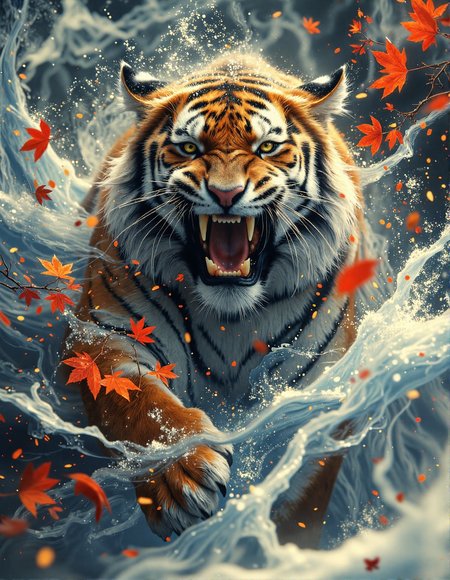 dramatic, stylized digital painting of a roaring Bengal tiger emerging from a swirling snowstorm. The tiger is the central focus, facing directly forward with a fierce, open-mouthed roar, showcasing its teeth and powerful expression.  The tiger is surrounded by stylized waves of white and blue snow, resembling fluid brushstrokes and stylized clouds. Interspersed throughout the snow and around the tiger are bright red-orange maple leaves or similar foliage, adding vivid color contrast. The background is a soft, muted grey-blue, emphasizing the tiger and the swirling snow.  Capture the scene in a bold, painterly style, reminiscent of traditional Asian ink wash paintings but with vibrant digital colors and textures, focusing on the tiger's powerful presence and the dynamic movement of the snow, <lora:RetroAnimeFluxV1:0.4>, <lora:FantasyWizardWitchesFluxV2-000001:0.7>, <lora:aura_v2_beta2:0.6>, <lora:anhei_first_flux_lora_v1:0.3>