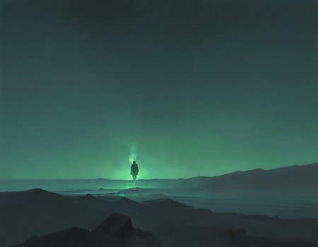 faux traditional media, watercolor \(medium\), painterly, atmospheric perspective,  1boy, diving suit, diving helmet, oxygen tank, power armor, underwater, darkness, horror \(theme\), glowing, walking, air bubble, green theme, black theme,     masterpiece, best quality, very aesthetic, absurdres