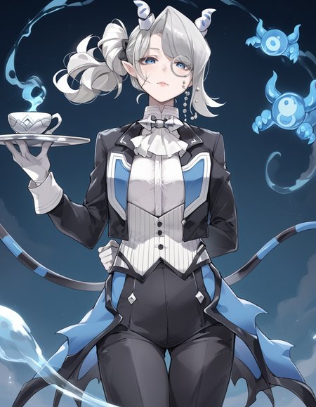 (score_9:0.9),score_8_up,score_7_up,rating_safe,(zPDXL3),(zPDXL),
masterpiece,intricate details,anime,4k,best quality,anime style,
<lora:arias the labrynth butler PonyXL v1:0.82>,
arias the labrynth butler, butler, monocle, solo, arm behind back, looking at viewer, teacup, 1girl, white gloves, tray, black pants, scar, monochrome, demon girl, white shirt, white ascot, black tailcoat, demon tail, blue ghost, low demon wings, holding tray