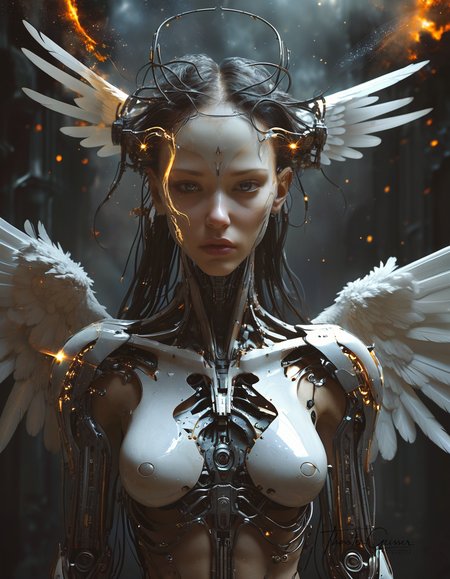 biomechanical cyberpunk A photorealistic portrait of a merciless archangel, their face a vision of divine beauty and unwavering resolve. Their eyes, windows to a soul hardened by countless battles, burn with an intensity that pierces through the veil of reality. Their expression is a symphony of conflicting emotions: righteous fury, unwavering determination, and a hint of sorrow for the fallen. Their wings, a majestic expanse of shimmering feathers, are spread wide, casting a shadow of divine judgment upon the world. The background is a maelstrom of celestial energy, swirling with nebulae, stars, and distant galaxies, creating a sense of infinite power and cosmic scale. The lighting is dramatic, highlighting the archangel's sculpted features and the intricate details of their flowing hair and wings. The overall effect is one of awe and reverence,  <lora:MJ52.safetensors:0.60>   . cybernetics, human-machine fusion, dystopian, organic meets artificial, dark, intricate, highly detailed