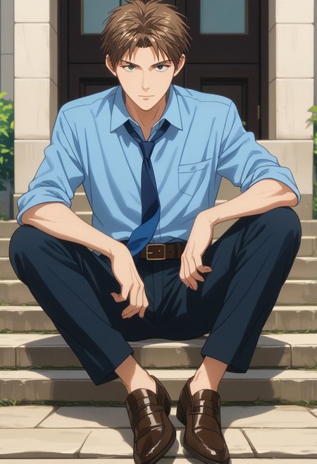 score_9, score_8_up, score_7_up, source_anime, rating_safe, Horikun, 1boy, male focus, anime screencap, collared blue shirt, blue necktie, brown belt, black pants, brown shoes, sitting,