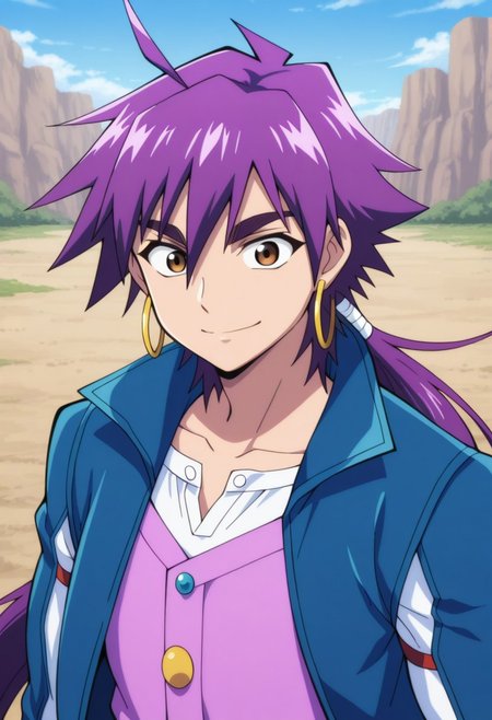 masterpiece,best quality,amazing quality, source_anime, 
Shindobaddo, 1boy, male focus, solo, brown eyes, purple hair, long hair, ponytail, hoop earrings, shirt, white shirt, jacket, blue jacket, open jacket, vest, purple vest, outdoor, smile,