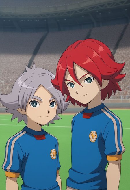 score_9, score_8_up, score_7_up, source_anime, highly detailed, skinny, slender, 2boys,
hiroto2, 1boy, soccer uniform, sportswear, red hair, upper body, tracksuit, smile, BREAK 
fubuki2, 1boy, soccer uniform, sportswear, smile, raimon soccer uniform, raimon, grey hair,
standing, hands on shoulders, posing for a photo