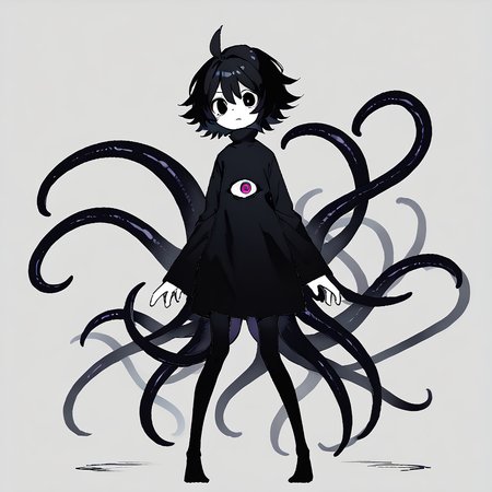 <lora:Mammon:1> 1girl, solo, black hair, ahoge, short hair, long sleeves, tentacles, black eyes, white skin, colored skin, black dress