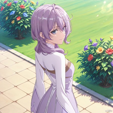 score_9, score_8_up, score_7_up, dynamic view, eye_focus, solo, looking_at_viewer, 1girl, 
masterpiece, best quality, bokeh, luminescent background,
( philiaa denauer,  purple hair, ahoge, long hair, blunt bangs, hair over shoulder, hair betveen eyes, purple eyes, small breasts,   closed mouth, serious face,    dress, two-tone dress, purple dress, white dress, sidelocks, long sleeves, white shoes,
 ),
 solo, from behind, outdoors, garden, flower, red flower, blue flower, purple flower, yellow flower, looking back, smile