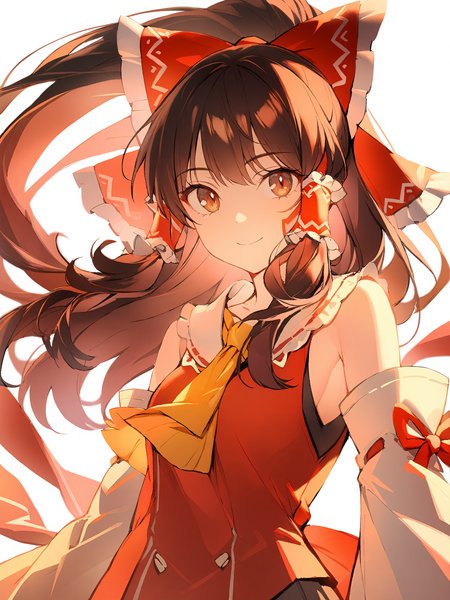 1girl, 
hakurei reimu,  
solo, brown hair, long hair, brown eyes, white background, simple background, looking at viewer, bare shoulders, ascot, bow, closed mouth, hair tubes, yellow ascot, red bow, hair bow, smile, detached sleeves, sidelocks, upper body, 
masterpiece, best quality,  safe
 <lora:mki-ani31-blackmeow-v1-000120:1>