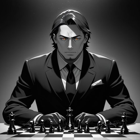masterpiece, best quality, amazing quality, absurdres, newest, detailed background, definition so sharp, Ultra-HD, 8K cinematic, very awa, impressionate, amazing quality, highres, 
solo, male focus, manly, shadow, shiny skin,
shimonmakusu, shimon_brunette, shimon_orange eyes, 1boy, short hair, stubble, goatee, mature male, cold_expression, intense_gaze, mastermind, strategist, chess_board, gloves, suit, shadowed_face, calculating, observant, monochrome, sharp_focus, confident_pose, dark_academia