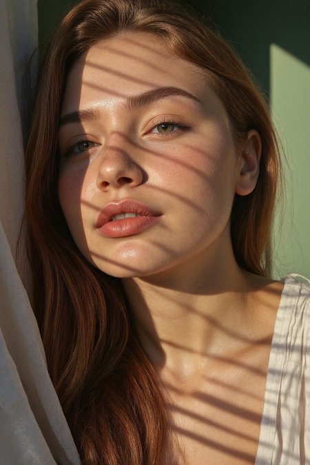 Ultra High Resolution photo. Close-up portrait of a stunning, captivating Woman with long, wavy brown hair wearing a ruffled blouse, captured with natural light filtering through the blinds, creating a pattern of shadows on her face and skin. The setting is a serene interior space with a muted green wall that complements her soft white skin. The warm, golden tones of the sunset enhance her natural beauty, highlighting her freckled complexion and expressive eyes. Her pose is relaxed, radiating a sense of calm and confidence. The overall aesthetic is hyperrealistic, focusing on the interplay of light and shadow, highlighting the softness of her features and the intricate details of the fabric. The scene evokes a mood of intimacy and passion, inviting viewers to appreciate the beauty of simplicity. nikon d50 with a 15mm lens, ISO 320, shutter speed 1/1000 and a medium depth of field,

detailifier
aidmaMJ6.1