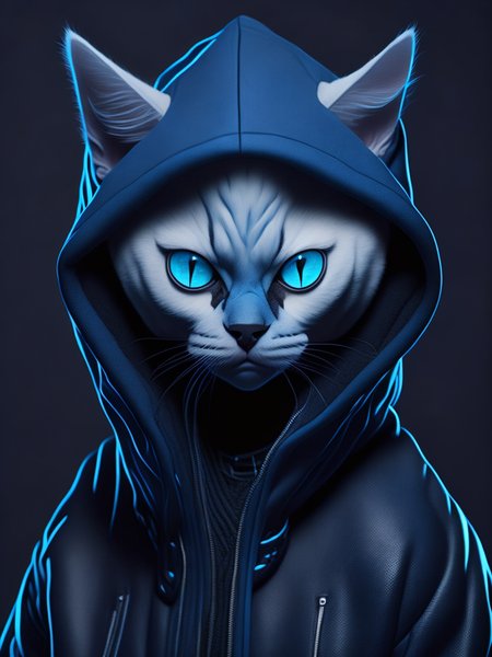 blackholeengine , a white cat wearing a blue hoodie with blue eyes and blue eyes