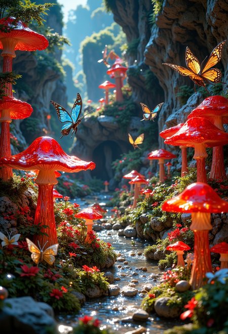 A magical fantasy landscape featuring vibrant red-capped mushrooms and colorful butterflies, all crafted entirely from glass. The scene sparkles with intricate reflections and crystalline textures, with an ethereal 8K resolution that highlights every delicate detail. The atmosphere is dreamlike, with soft, diffused light creating a whimsical and enchanting ambiance