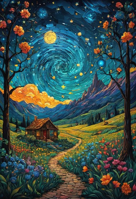 art, oil painting, best quality, dark tales, the image displays a vibrant, colorful floral artwork with large flowers and intricate swirls. this design could inspire various products, such as a decorative wall mural or a high quality canvas print for home decoration. the vivid colors and detailed patterns would make it an eye catching centerpiece in any room, bringing a touch of nature and elegance to the space. in the van gogh style, starry sky, dan mumford, andy kehoe, 2d, flat, delightful, vintage, art on a cracked paper, patchwork, stained glass, fairytale, storybook detailed illustration, cinematic, ultra highly detailed, tiny details, beautiful details, mystical, luminism, vibrant colors, complex background