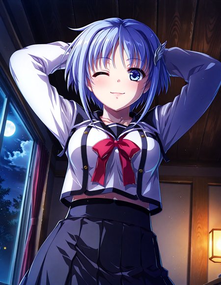 (1girl, solo:1.3), (2girls, 3girls, 4girls, multiple girls, 2boys, 3boys, 4boys, multiple boys:-1.5) <lora:Kajio_Honoka_Denshanai_de_Now_Illustrious:0.9>, kajio_honoka, medium breasts, blue eyes, blue hair, short hair, bangs, sidelocks, hair ornament, school uniform, serafuku, red ribbon, black skirt, pleated skirt, smile, (tongue out:0.7), one eye closed, general, contrapposto, dynamic pose, arms behind head, portrait, straight-on, from below, , indoors, <lora:NOOB_EPSv1_1_detailer_by_vlnvk_v1_0:1.5>, (photo background:0.7), night, (tachibana yuu:0.6), inue shinsuke, (kazuma muramasa:0.0), saikawa yusa, (aoi manabu:0.6), abarerumidori, (suzui narumi:0.6), masterpiece, newest, absurdres, 8K, anime screenshot, anime coloring, flat color, official art, film grain, <lora:illustriousXLv01_stabilizer_v1.185c:0.7>, <lora:LECO_Solo:-4.0>,