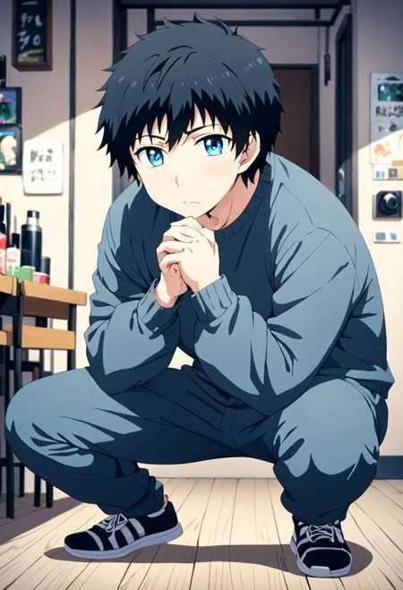high resolution, solo, best quality, 1Boy, Arata Kaizaki, Black Hair, Blue Eyes, lofi, candid, squat, depth of field, photo model, looking at viewer, OverallDetail