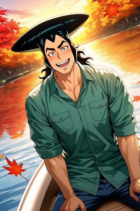realistic shading, backlighting, male focus, looking at viewer, happy expressive face, smiling, kouzuki oden, black-bluish green_kouzuki oden_male long hair, black_kouzuki oden_eyes, red_kouzuki oden_makeup, 1boy, open mouth, sweet smile, slight blush, shiny skin, hands on own thighs, sitting in boat, legs apart, suggestive, autumn clothes cosplay, greyish green dress shirt, breast pocket, pants, glistening water, evening outdoors, sunset, falling autumn leaf, large autumn leaf, water, intimate, romantic, dutch angle, dynamic angle, dynamic action, atmospheric perspective, cinematic, intricately detailed illustration, depth of field, masterpiece, best quality, amazing quality, very aesthetic, absurdres, newest, anime screencap