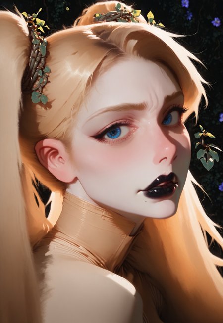 score_9, (impressionism), 1girl, ScrunchButtBodysuit, (mature female, Zelda, cute expression, looking at viewer, presenting lips), blue iris, abstract girl, athletic. 
perfect face, perfect lips, perfect eyes, detailed eyes, perfect body, rimixa, bangs, black lipstick, pale skin, wrinkles, big eyes, blonde pigtails,  
strong lines and shadows emphasizing her strength and allure, styled in high fashion.,  addmicrodetails,  Dave McKean, 
bold line art, dark neon, (close-up), seductive, lifelike anime, night, looking at viewer, solo, steveshawphotos, (mariotestino:0.2), posing, modern palace, overgrown, vines, from side, realist detail, ue5, analog film grain,, Shadow Play Lighting, Fujifilm Provia 100F, (tim bradstreet:0.3), dramatic shadows, soft skin, graceful contours, fine art photography, emotive expression, studio lighting, lad mag, masterpiece, best quality, very awa, absurdres, highres
