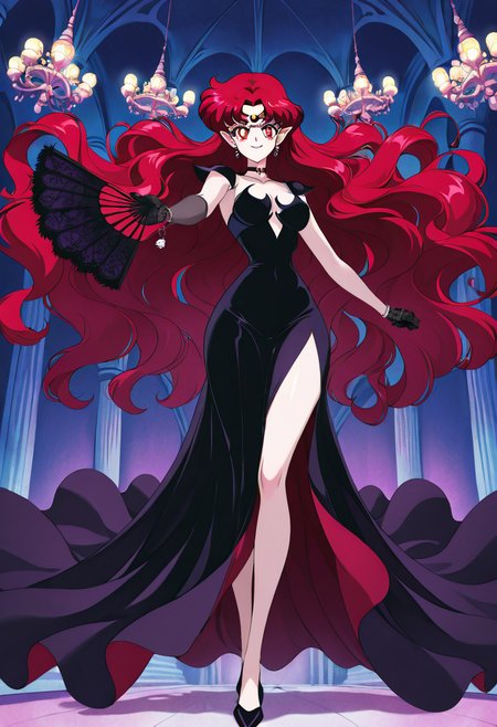 masterpiece, best quality, solo, curvy, beautiful eyes, narrow waist, wide hips, 1girl, solo, smile, looking at viewer, dynamic angle, foreshortening, close up,     (bishoujo senshi sailor moon, anime screenshot),   zzBeryl, red eyes, long hair, pointy ears, red hair, wavy hair,  ,<lora:QueenBerylSailorMoon_IXL:0.8>,  [Tattered Masquerade Guest], mask with faded filigree, layered gown with stitched panels, opera cloak with uneven seams, mismatched lace gloves, charm bracelet with broken charms, soft velvet slippers, cracked hand fan, ballroom with empty chairs, cobwebbed chandelier, slight bow, elegant silhouette in shadow,