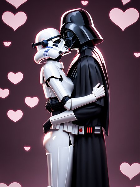 high res, 8k,darth vader <lora:Darth_Vader-KK77-V1:0.7> photo of stormtrooper, Star Wars, <lora:star_wars_offset:1.0>,  romantic background for valentine, (hearts:1.2), <lora:Valentine_v1:.1.0> silhouette of a couple kissing, <lora:picxer_real:0.7>, <lora:more_details:0.4>